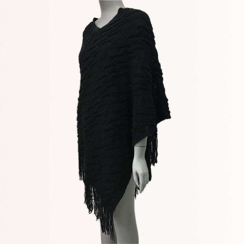 Long Knitted Poncho with Tassels