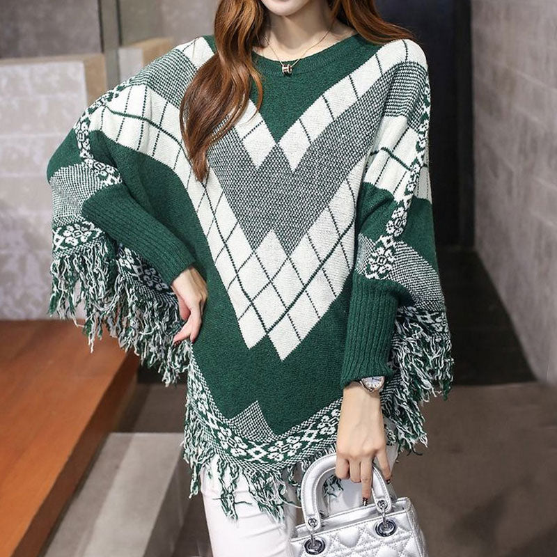 Fashion Knitwear Poncho with Tassel